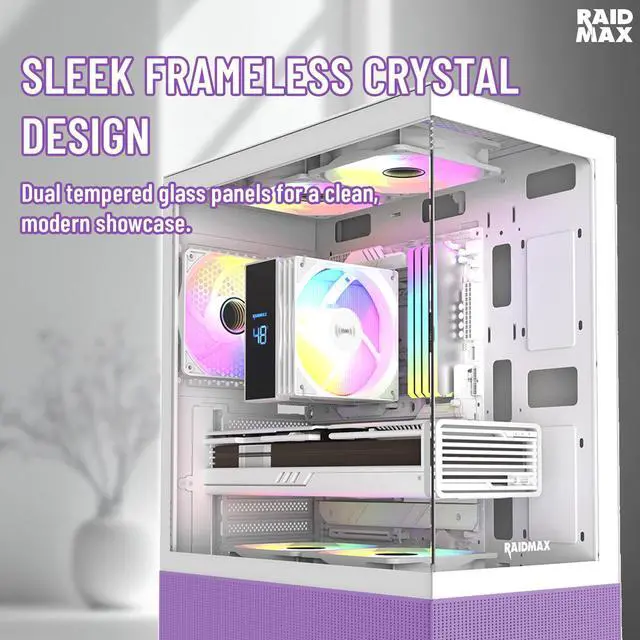 Alt view image 4 of 5 - RAIDMAX i802 VIBE Purple Compact ATX Gaming PC Case, 5x Fixed RGB Fans Pre-Installed, Panoramic Tempered Glass, High Airflow Mid Tower Chassis, Supports 400mm GPU & 240mm Radiator