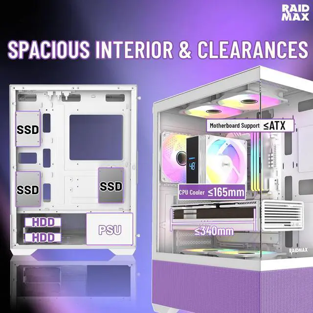 Alt view image 5 of 5 - RAIDMAX i802 VIBE Purple Compact ATX Gaming PC Case, 5x Fixed RGB Fans Pre-Installed, Panoramic Tempered Glass, High Airflow Mid Tower Chassis, Supports 400mm GPU & 240mm Radiator