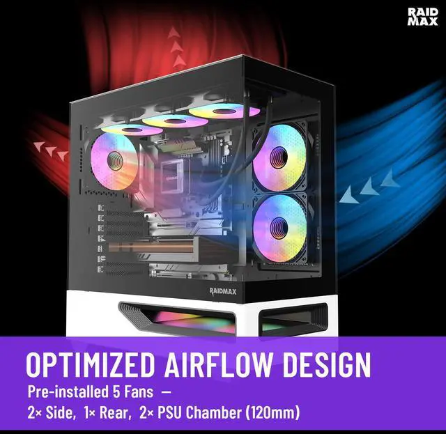 Alt view image 3 of 7 - RAIDMAX H200 ATX Gaming Case Bundle with 5x ARGB Fans, 360mm ARGB Liquid Cooler & RX-850AEM 850W ATX 3.1 PCIe Gen 5 PSU, Patented Air Tunnel Design, Tempered Glass, Supports RTX 4090 / 400mm GPU