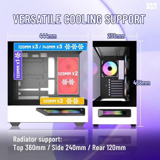 Alt view image 4 of 7 - RAIDMAX H200 ATX Gaming Case Bundle with 5x ARGB Fans, 360mm ARGB Liquid Cooler & RX-850AEM 850W ATX 3.1 PCIe Gen 5 PSU, Patented Air Tunnel Design, Tempered Glass, Supports RTX 4090 / 400mm GPU