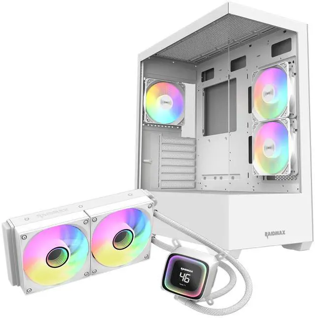 Main image of Raidmax I801 Panoramic Tempered Glass Mid Tower ATX PC Case with 3 Pre-Installed ARGB Fans, White Combo with 240mm AIO Liquid Cooler Modern Gaming Chassis with Wide Interior and Efficient Cooling