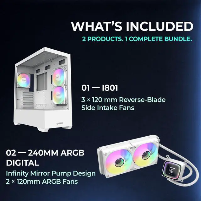 Alt view image 2 of 5 - Raidmax I801 Panoramic Tempered Glass Mid Tower ATX PC Case with 3 Pre-Installed ARGB Fans, White Combo with 240mm AIO Liquid Cooler Modern Gaming Chassis with Wide Interior and Efficient Cooling