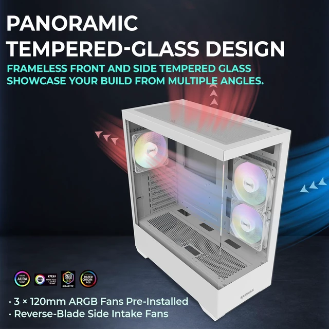 Alt view image 3 of 5 - Raidmax I801 White Panoramic Gaming Case with 700W 80+ Gold PSU, ATX Mid Tower, Tempered Glass, Pre-Installed 3 x 120mm ARGB Fans, Supports 240/360mm Liquid Cooler & RTX 50 Series GPU