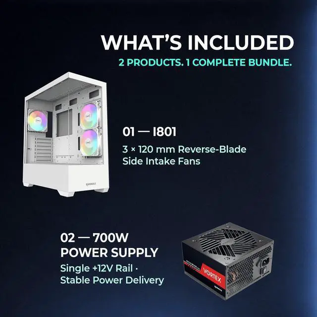 Alt view image 2 of 5 - Raidmax I801 White Panoramic Gaming Case with 700W 80+ Gold PSU, ATX Mid Tower, Tempered Glass, Pre-Installed 3 x 120mm ARGB Fans, Supports 240/360mm Liquid Cooler & RTX 50 Series GPU