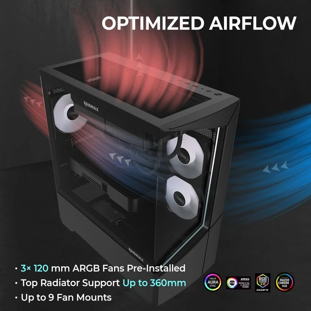 Alt view image 3 of 6 - Raidmax i812 Prebuilt PC Case Combo - ATX Mid Tower Tempered Glass Showcase Gaming Chassis, 750W 80+ Gold ATX 3.1 PCIe Gen 5 Power Supply, 240mm AIO Liquid Cooler with Temperature Display (Black)