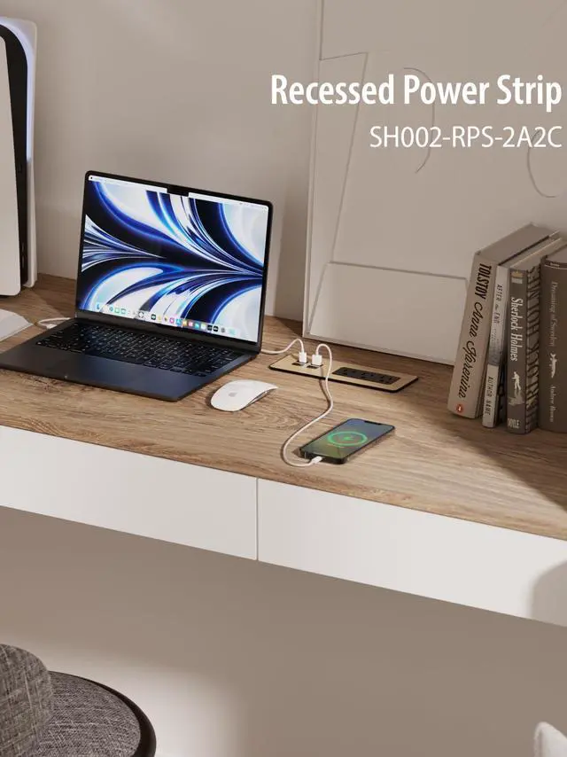 Alt view image 7 of 7 - Emerising PD 65W Recessed Power Strips, Flush Mount Power Outlet with 2 USB-C Ports,Fast Charging Station ,Conference Surge Protector Recessed Outlets,6Ft Extension Cord,Office/Home  (1-Pack)