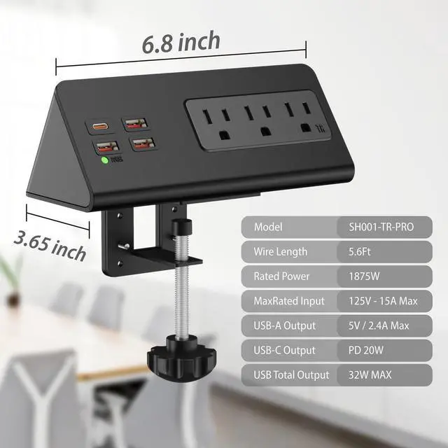 Alt view image 7 of 7 - Emerising Desk Clamp Mount Power Strips , 4 USB Ports& 3 AC Outlets Charging Station, PD 20W Fast Charging USB C, 6Ft Extension Cord Desktop Power Hub, Home Office Desk Accessories, 2-Pack (Black)