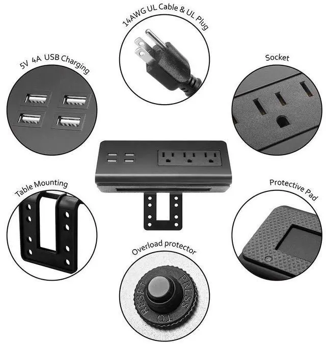Alt view image 6 of 7 - Emerising 2-Pack Desk Edge Mount Power Strips with 4 USB Ports & 3 AC Power Outlets for Home and Office Desktop Charging Bucket