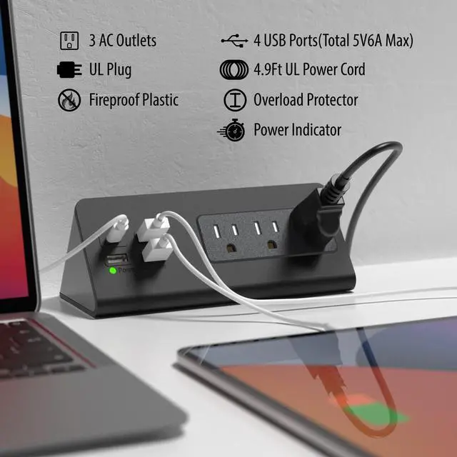 Alt view image 2 of 7 - Emerising Nightstand Edge Mount Power Strip with USB-C Ports Tabletop Surge Protector Desk Clamp Power Sockets with 3 AC Outlets &4 Fast Charging USB Ports for Home Office Hotel and Dormitory (2-Pack)