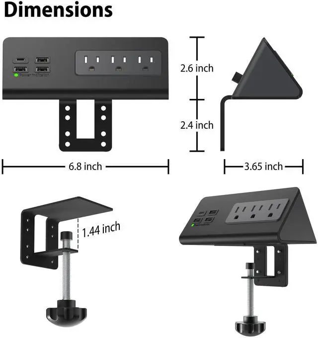 Alt view image 6 of 7 - Emerising Nightstand Edge Mount Power Strip with USB-C Ports Tabletop Surge Protector Desk Clamp Power Sockets with 3 AC Outlets &4 Fast Charging USB Ports for Home Office Hotel and Dormitory (2-Pack)