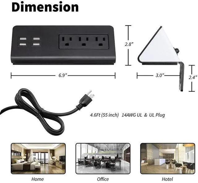 Alt view image 6 of 7 - Emerising 2-Pack Desk Edge Mount Power Strips with 4 USB Ports & 3 AC Power Outlets for Home and Office Desktop Charging Bucket, 1250Joules Surge Protection ,Black