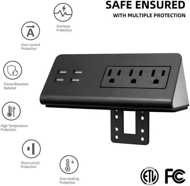 Alt view image 5 of 7 - Emerising 2-Pack Desk Edge Mount Power Strips with 4 USB Ports & 3 AC Power Outlets for Home and Office Desktop Charging Bucket, 1250Joules Surge Protection ,Black