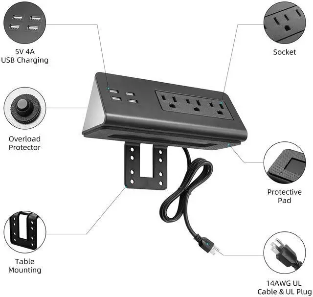 Alt view image 7 of 7 - Emerising 2-Pack Desk Edge Mount Power Strips with 4 USB Ports & 3 AC Power Outlets for Home and Office Desktop Charging Bucket, 1250Joules Surge Protection ,Black