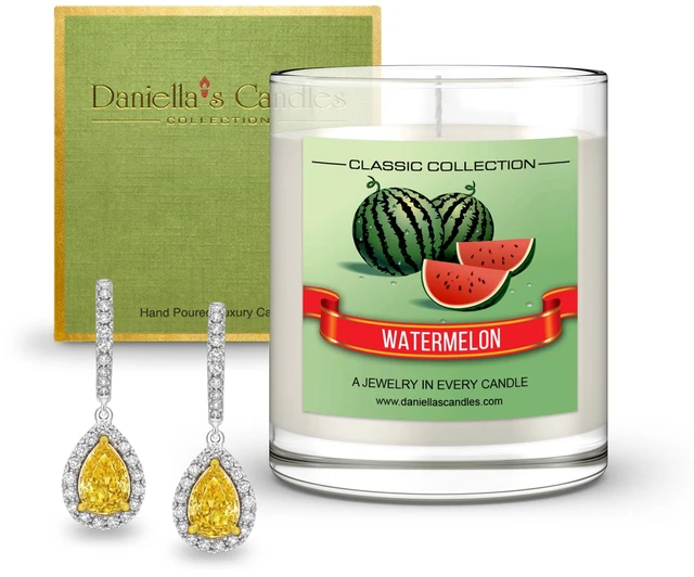 Main image of DANIELLA'S CANDLES Watermelon Jewelry Surprise Candle, Natural Soy Wax, Burn Time 65h, With Earrings Inside