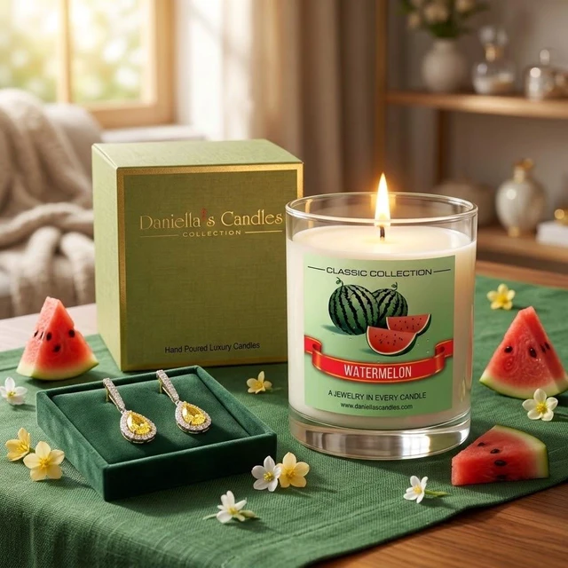 Alt view image 2 of 6 - DANIELLA'S CANDLES Watermelon Jewelry Surprise Candle, Natural Soy Wax, Burn Time 65h, With Earrings Inside