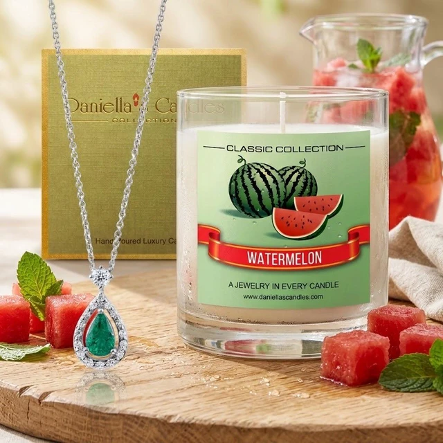 Alt view image 2 of 7 - DANIELLA'S CANDLES Watermelon Jewelry Surprise Candle, Natural Soy Wax, Burn Time 65h, With Necklace Inside