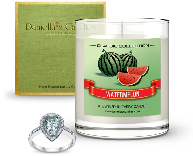 Main image of DANIELLA'S CANDLES Watermelon Jewelry Surprise Candle, Natural Soy Wax, Burn Time 65h, With Ring Size Adjustable Inside