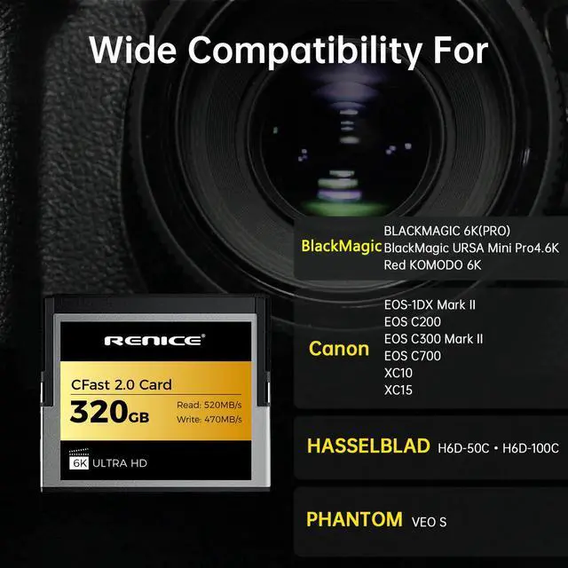 Alt view image 4 of 6 - RENICE 320GB CFast 2.0 Memory Card- up to 520MB/s Read -RAW 6K HD Video Recording- For photographers-pSLC Mode