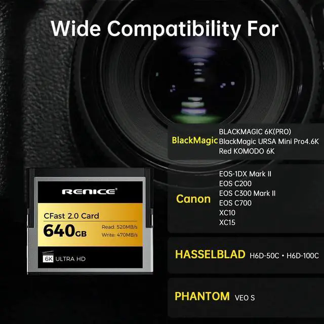 Alt view image 5 of 5 - RENICE 640GB CFast 2.0 Memory Card- up to 520MB/s Read Speed-RAW 6K HD Video Recording- For photographers, Videographer