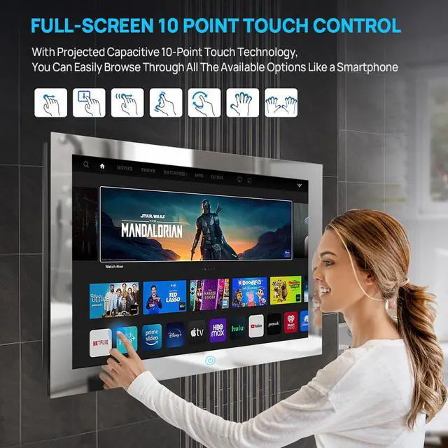 Alt view image 2 of 7 - Haocrown 32-Inch Bathroom TV Waterproof Touch Screen Smart Mirror Android 11.0 Television Full HD 1080p Smart TV with ATSC Tuner Wi-Fi Bluetooth Built-in Updated High-Brightness 2023 Model (8GB+64GB)