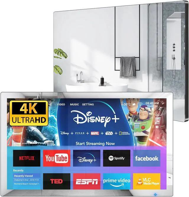 Main image of Haocrown 32 Inch Smart Bathroom TV 4K Ultra HD Android TV IP66 Waterproof Smart Mirror TV Google Assistant Built-in with Voice Remote, ATSC Tuner, Suitable for Bathroom Sauna,Black Frame 2024 Model
