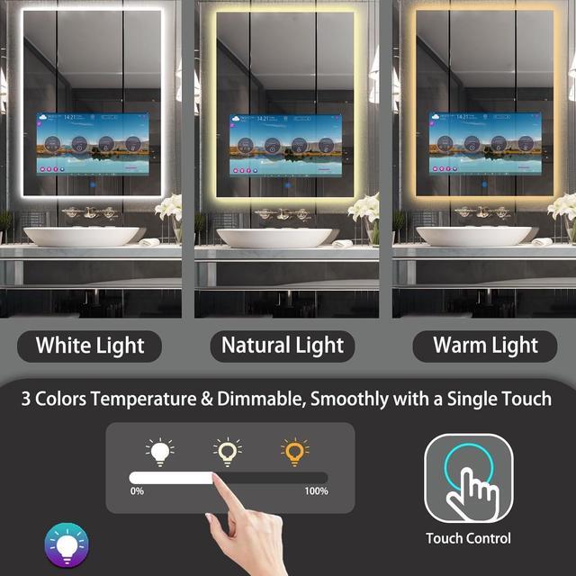 Alt view image 2 of 6 - Haocrown LED Bathroom Mirror with 21.5" Full Touch Screen Smart TV, 24x32 inch Backlit Lighted Vanity Mirror, Android 11 OS/Bluetooth Wi-Fi /3 Colors Dimmable LED Light Vertical Wall Mounted