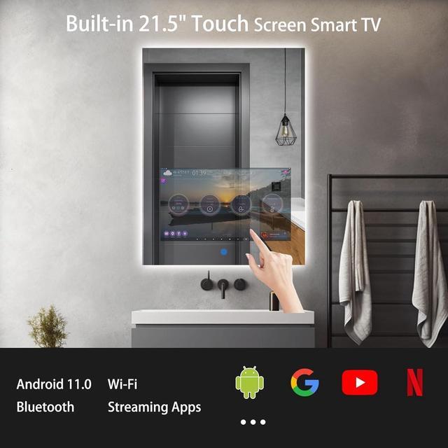 Alt view image 3 of 6 - Haocrown LED Bathroom Mirror with 21.5" Full Touch Screen Smart TV, 24x32 inch Backlit Lighted Vanity Mirror, Android 11 OS/Bluetooth Wi-Fi /3 Colors Dimmable LED Light Vertical Wall Mounted