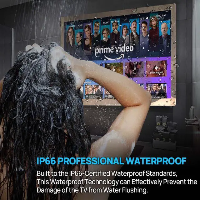 Alt view image 3 of 7 - Haocrown 32 Inch 4K Ultra HD Smart Mirror Bathroom TV, IP66 Waterproof Android 13 TV with Voice Remote, Google Assistant & ATSC Tuner, 2+32GB (Silver Frame 2025 Model)