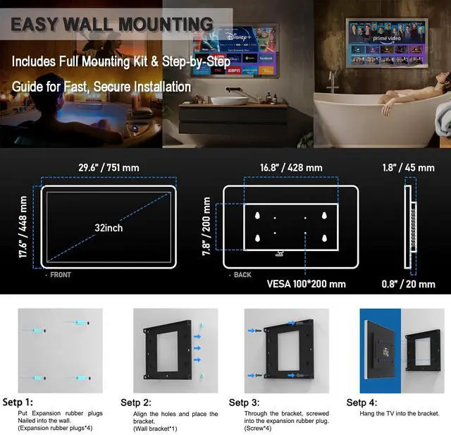 Alt view image 6 of 7 - Haocrown 32 Inch 4K Ultra HD Smart Mirror Bathroom TV, IP66 Waterproof Android 13 TV with Voice Remote, Google Assistant & ATSC Tuner, 2+32GB (Silver Frame 2025 Model)