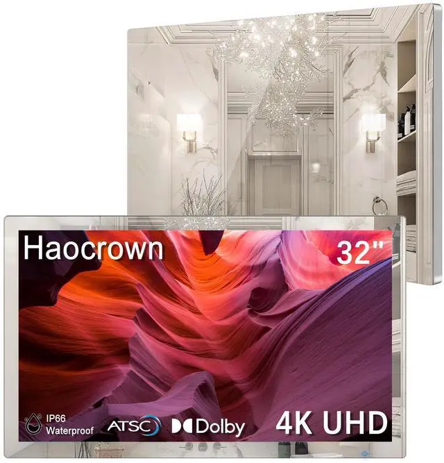 Main image of Haocrown 32 Inch 4K Ultra HD Smart Mirror Bathroom TV, IP66 Waterproof Android 13 TV with Voice Remote, Google Assistant & ATSC Tuner, 2+32GB (Silver Frame 2025 Model)