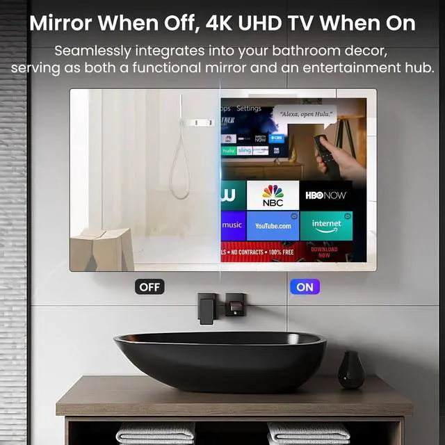 Alt view image 2 of 7 - Haocrown 32 Inch 4K Ultra HD Smart Mirror Bathroom TV, IP66 Waterproof Android 13 TV with Voice Remote, Google Assistant & ATSC Tuner, 2+32GB (Silver Frame 2025 Model)