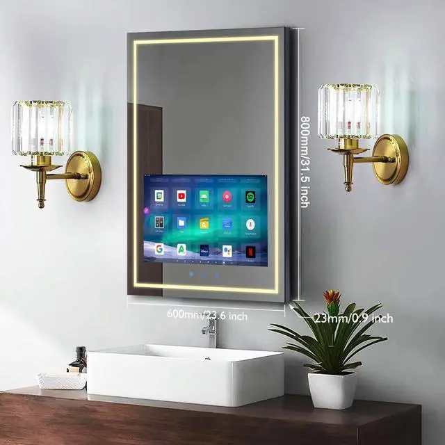 Alt view image 6 of 6 - Haocrown 24x32 Inch Bathroom Vanity Mirror with 21.5" Touch Screen Smart System, Streaming Apps, Weather Clock, 3 Color Dimmable LED Light, Anti-Fog Wi-Fi Bluetooth HDMI, Vertical Wall Mounted (2025)
