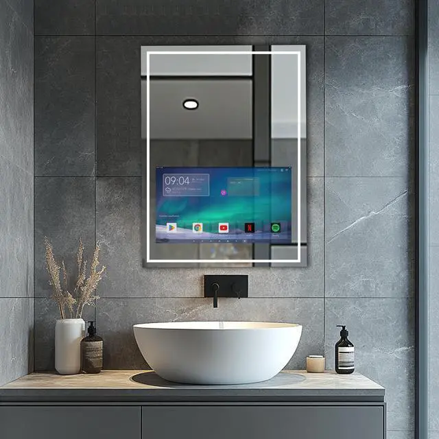 Alt view image 5 of 6 - Haocrown 24x32 Inch Bathroom Vanity Mirror with 21.5" Touch Screen Smart System, Streaming Apps, Weather Clock, 3 Color Dimmable LED Light, Anti-Fog Wi-Fi Bluetooth HDMI, Vertical Wall Mounted (2025)