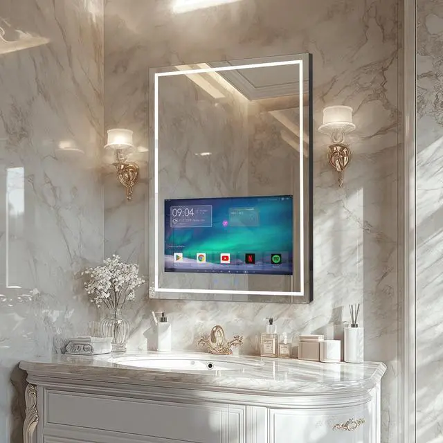 Main image of Haocrown 24x32 Inch Bathroom Vanity Mirror with 21.5" Touch Screen Smart System, Streaming Apps, Weather Clock, 3 Color Dimmable LED Light, Anti-Fog Wi-Fi Bluetooth HDMI, Vertical Wall Mounted (2025)