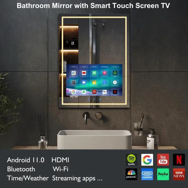 Alt view image 4 of 6 - Haocrown 24x32 Inch Bathroom Vanity Mirror with 21.5" Touch Screen Smart System, Streaming Apps, Weather Clock, 3 Color Dimmable LED Light, Anti-Fog Wi-Fi Bluetooth HDMI, Vertical Wall Mounted (2025)