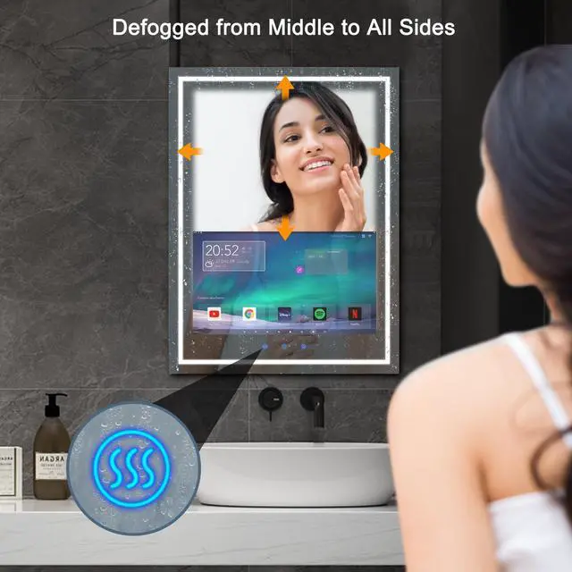 Alt view image 2 of 6 - Haocrown 24x32 Inch Bathroom Vanity Mirror with 21.5" Touch Screen Smart System, Streaming Apps, Weather Clock, 3 Color Dimmable LED Light, Anti-Fog Wi-Fi Bluetooth HDMI, Vertical Wall Mounted (2025)