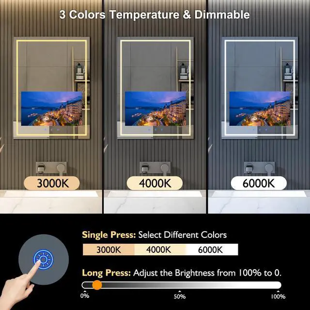 Alt view image 3 of 6 - Haocrown 24x32 Inch Bathroom Vanity Mirror with 21.5" Touch Screen Smart System, Streaming Apps, Weather Clock, 3 Color Dimmable LED Light, Anti-Fog Wi-Fi Bluetooth HDMI, Vertical Wall Mounted (2025)