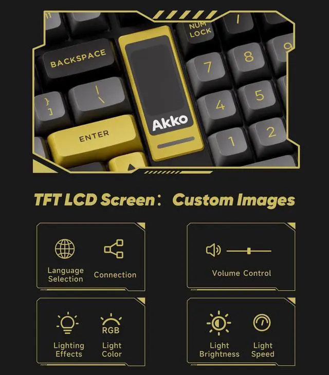 Alt view image 2 of 7 - Akko 5098B Wireless Gaming Keyboard with Screen, Black & Gold Hot-Swappable Mechanical Keyboard with Scroll Wheel Numberpad, RGB Gasket, Piano Pre Lubed Switch