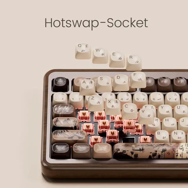 Alt view image 2 of 7 - Akko MU02 Mechanical Keyboard with Walnut Wooden Case 75% RGB 2.4G Wireless/Bluetooth/Wired Hot-Swappable Gaming Keyboard with PBT Dye-Sub Keycaps for Mac & Win (Mountain Seclusion, Rosewood Switch )