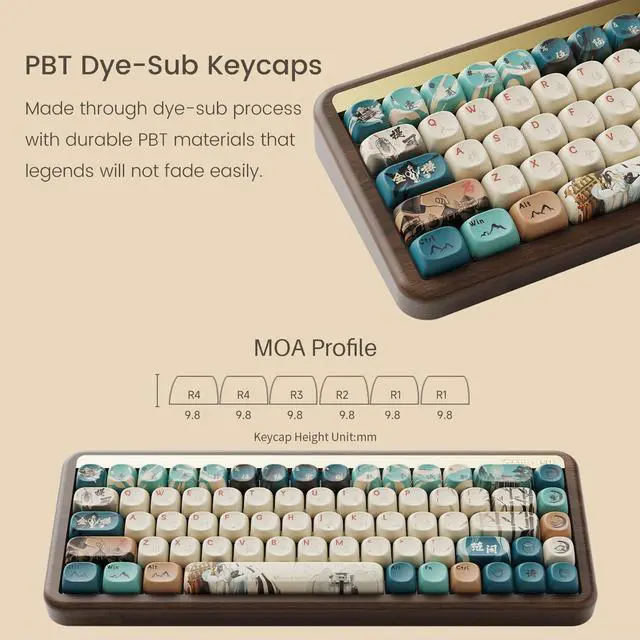 Alt view image 3 of 7 - Akko Mechanical Gaming Keyboard with Walnut Wooden Case, MU01 Joy of Life 65% 68-Key RGB 2.4G Wireless/Bluetooth/Wired Hot-swappable Keyboard with PBT Dye-Sub Keycaps for Mac & Win