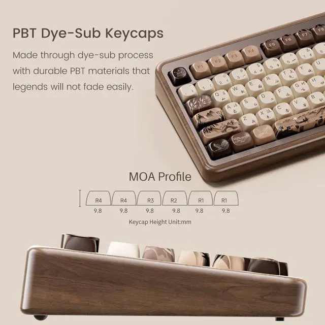 Alt view image 4 of 7 - Akko MU02 Mechanical Keyboard with Walnut Wooden Case 75% RGB 2.4G Wireless/Bluetooth/Wired Hot-Swappable Gaming Keyboard with PBT Dye-Sub Keycaps for Mac & Win (Mountain Seclusion, Rosewood Switch )