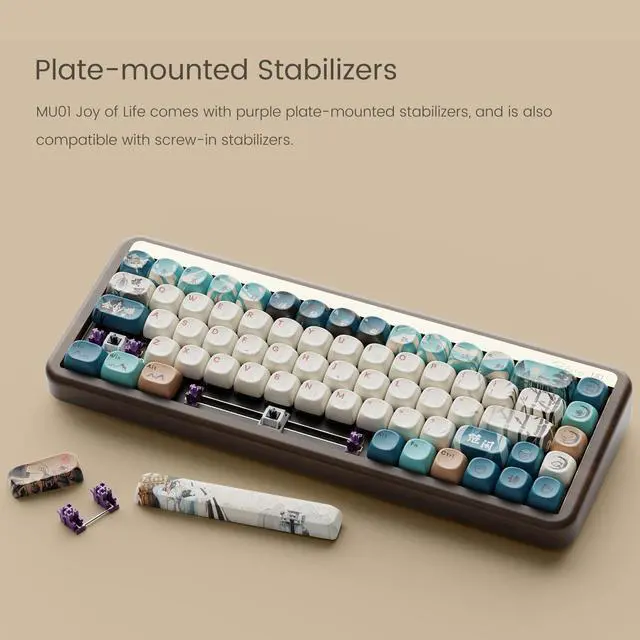 Alt view image 7 of 7 - Akko Mechanical Gaming Keyboard with Walnut Wooden Case, MU01 Joy of Life 65% 68-Key RGB 2.4G Wireless/Bluetooth/Wired Hot-swappable Keyboard with PBT Dye-Sub Keycaps for Mac & Win
