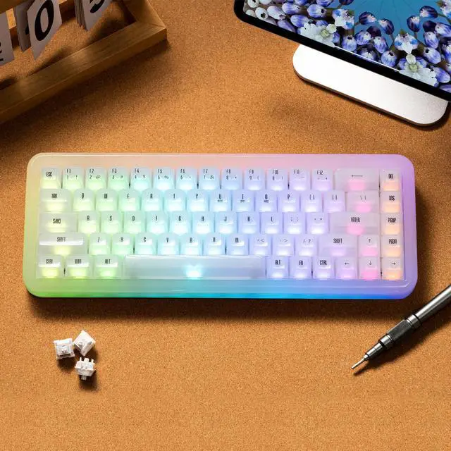 Alt view image 7 of 7 - Akko YU01 Mechanical Keyboard Hot Swappable Gaming Keyboard with Transparent Keycaps RGB Backlit 2.4G Wireless/Bluetooth/Wired 68-key Keyboard for Mac & Win ( White Jade, V3 Piano Pro Switch)