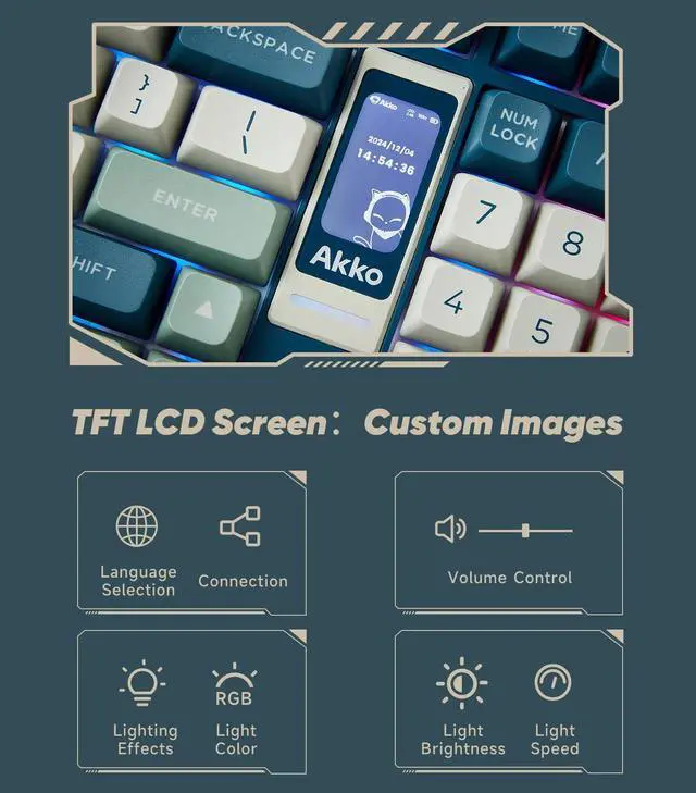Alt view image 2 of 6 - Akko 5098B Wireless Gaming Keyboard with Screen, Ink Green Mechanical Keyboard with Scroll Wheel, Hot-Swappable Gaming Keyboard with Numberpad, RGB Gasket Keyboard, Kailh Ice Cream Pink Switch