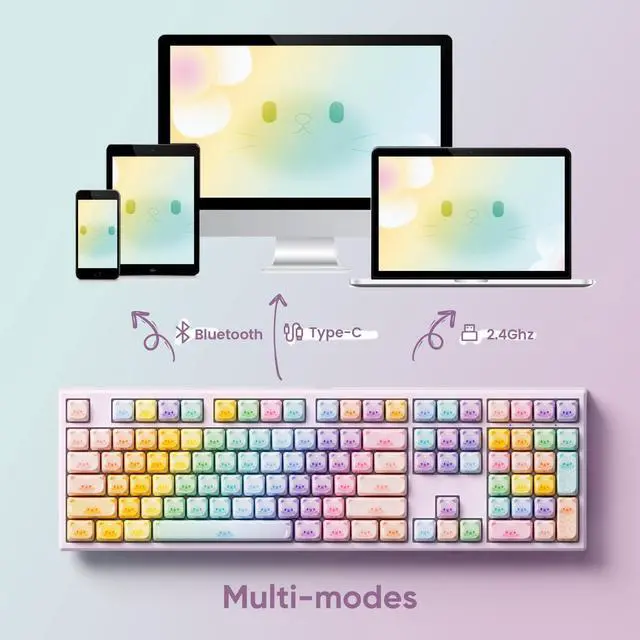 Alt view image 3 of 7 - MONSGEEK AKKO MG108B Colorful Cats Mechanical Keyboard Hot-Swappable Multi-Mode Gaming Keyboard with PBT Dye-Sub MAO Profile Keycaps Pre Lubed Piano Switch