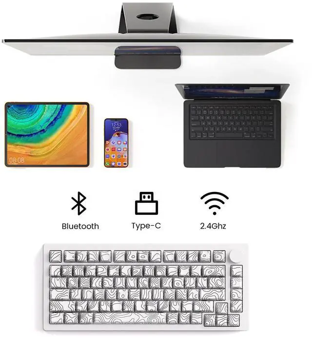 Alt view image 4 of 7 - M1 V5 Aluminum Mechanical Keyboard 75% Topographic Theme Quick Release Gaming Keyboard with Knob, 8000 mAH RGB Hot-swappable White Custom Keyboard with Side-printed Keycaps Pre lubed Piano Switch