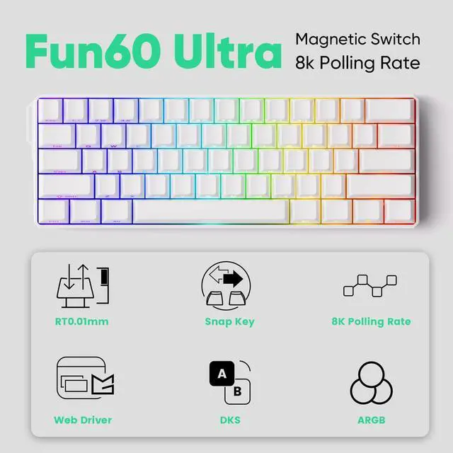 Alt view image 5 of 7 - MONSGEEK FUN60 Ultra Rapid Trigger Gaming Keyboard 8k SP Magnetic Switch HE Aluminum Wired Keyboard 60% White Shine-Through, Glare Magnetic Switch