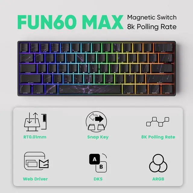 Alt view image 5 of 7 - MONSGEEK FUN60 MAX Rapid Trigger Gaming Keyboard 8k SP Magnetic Switch HE Keyboard Multi-Modes Wireless 60% Nebula Black, Glare Magnetic Switch