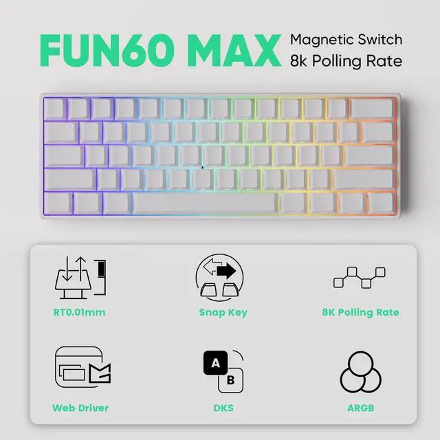 Alt view image 5 of 7 - MONSGEEK FUN60 MAX Rapid Trigger Gaming Keyboard 8k SP Magnetic Switch HE Keyboard Multi-Modes Wireless 60% White Shine-Through, Glare Magnetic Switch