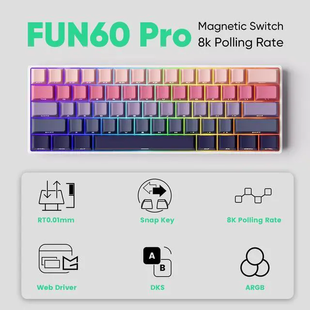 MONSGEEK FUN60 Ultra Rapid Trigger Gaming Toetsenbord 8k Magnetische Schakelaar TMR Aluminium Bedraad Toetsenbord 60% Zwart Shine-Through MagMech, Glanzende Magnetische Schakelaar